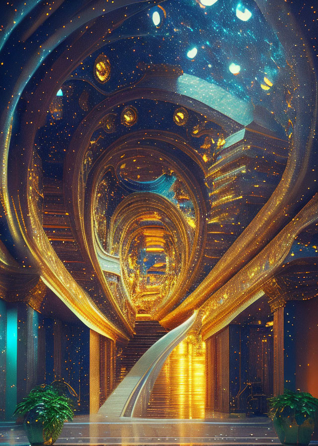 Opulent circular interior with golden spiral staircase