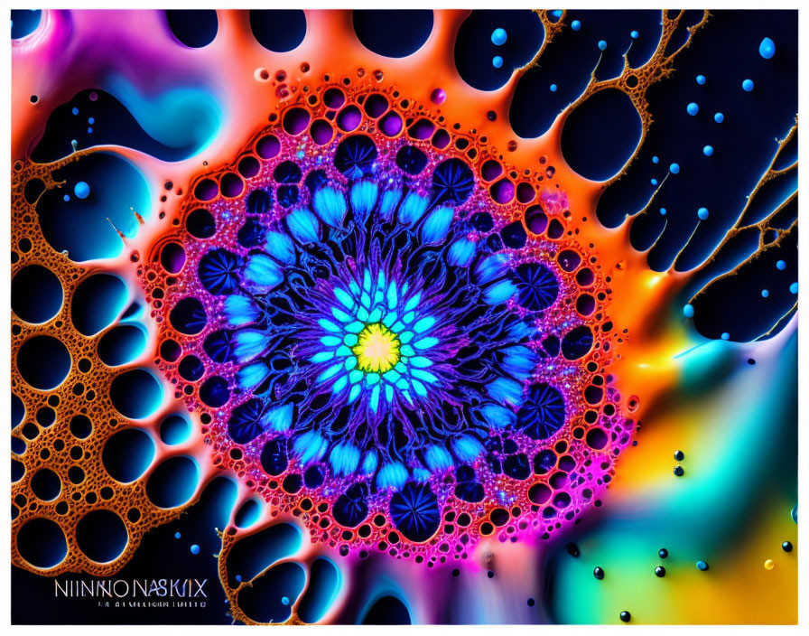 Colorful abstract art with intricate cell-like patterns and central burst of blue.