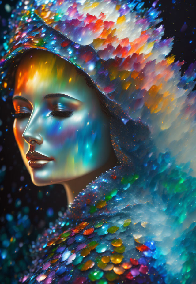 Colorful digital portrait with shimmering skin and cosmic hood.