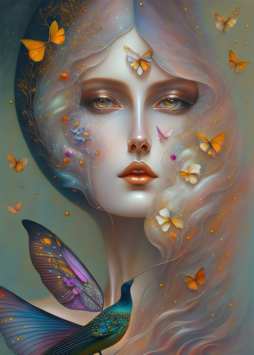 Surreal portrait of woman with butterflies and hummingbird motifs