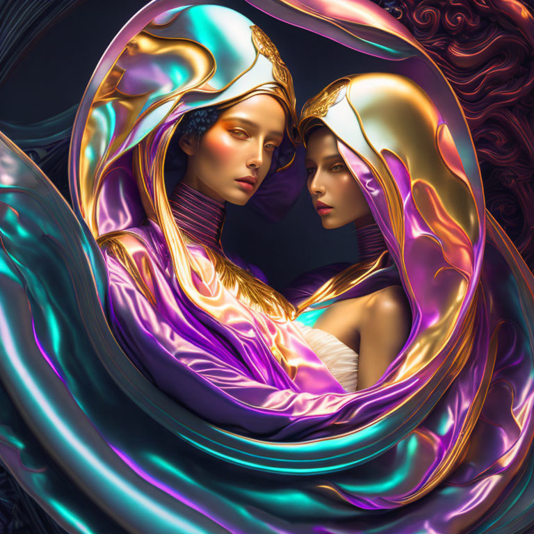 Vibrant artwork featuring two women in swirling, glossy structure