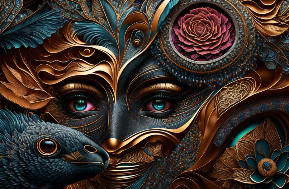 Intricate digital art: Cat-woman fusion with floral patterns, rose, blue, gold,