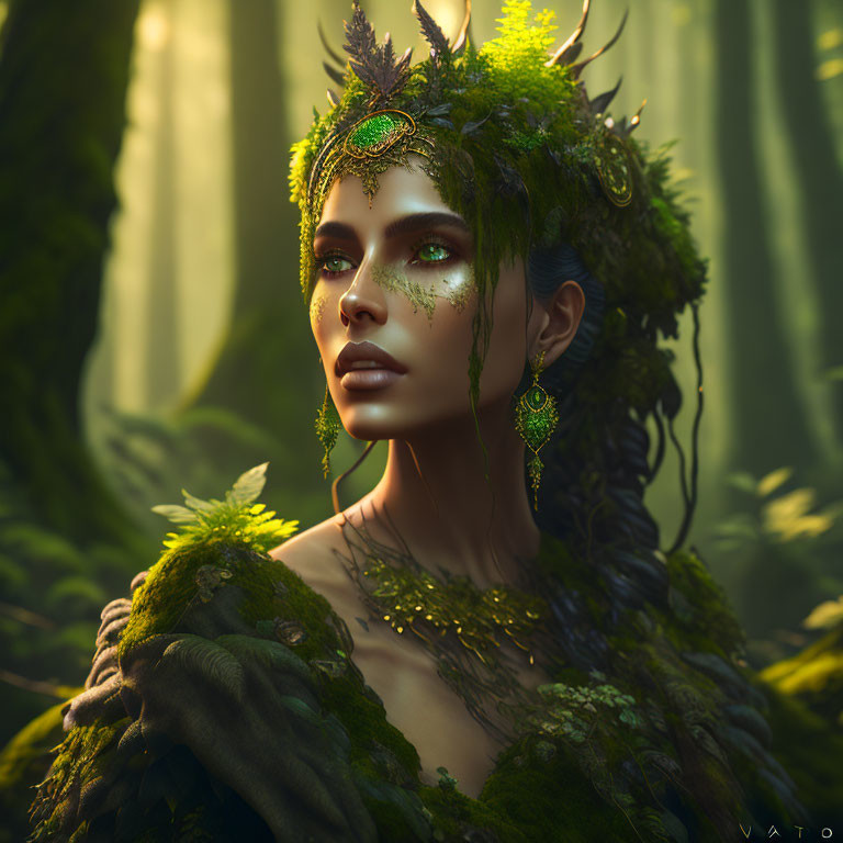 Mystical female figure with green foliage and golden accessories