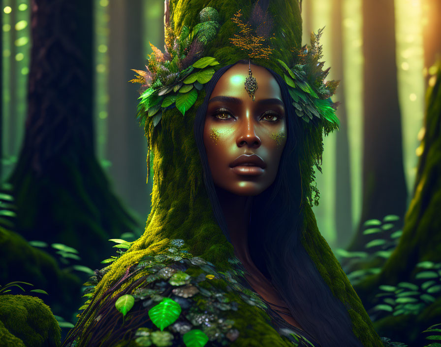 Mystical female figure with green woodland-themed makeup in enchanted forest