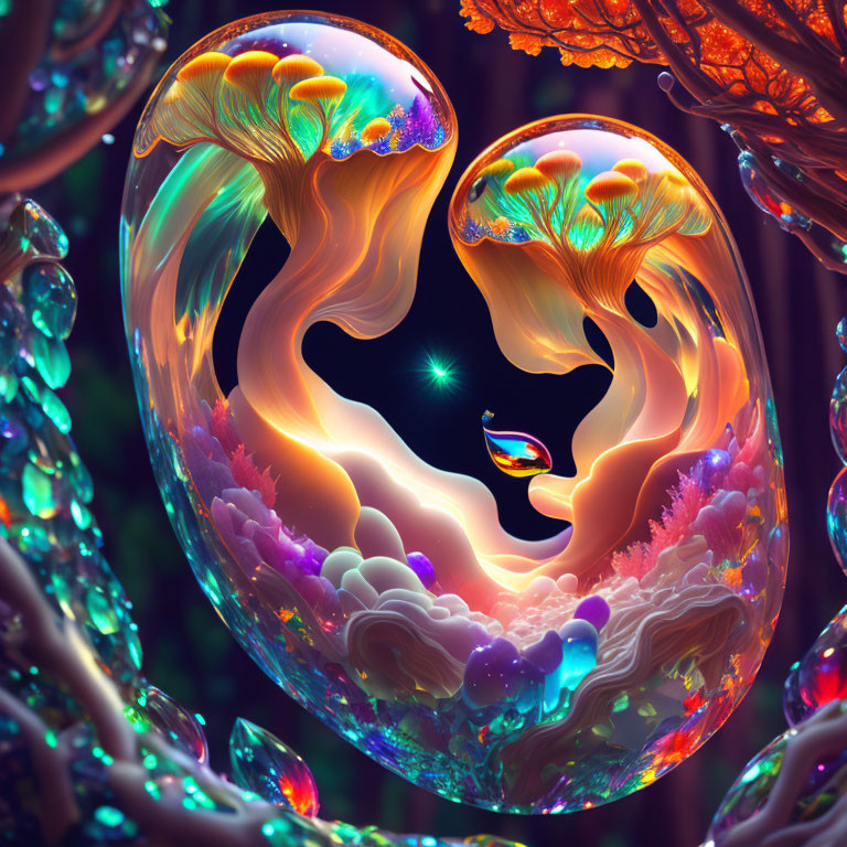 Colorful fantasy art: Glowing tree-like structures in bubble on alien landscape