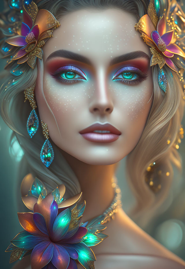 Vibrant Blue Eyeshadow Woman with Golden Floral Accessories