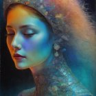 Colorful digital portrait with shimmering skin and cosmic hood.