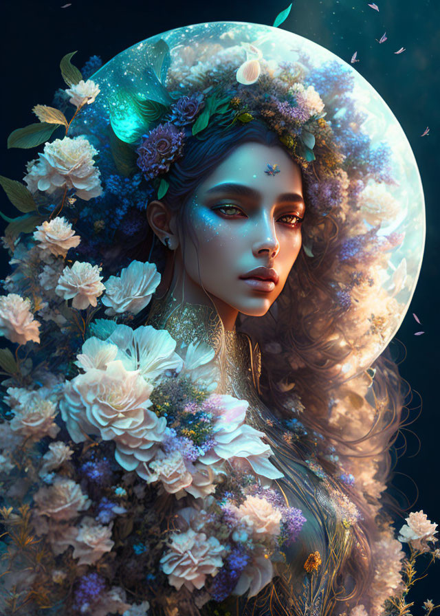 Woman with flower-adorned halo in mystical moonlit scene