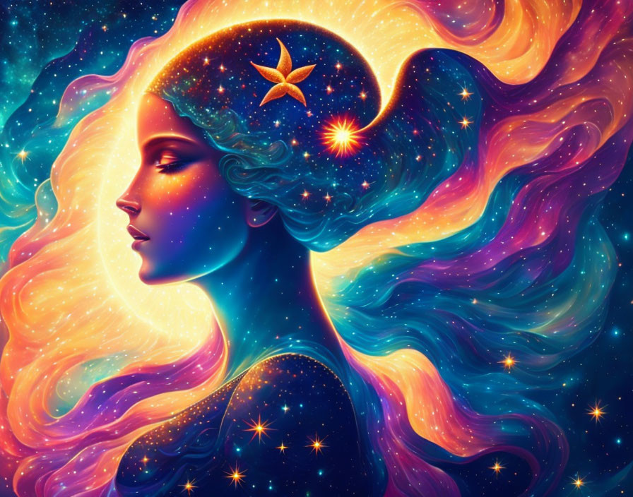 Colorful woman's profile with cosmic hair and golden star in starry space