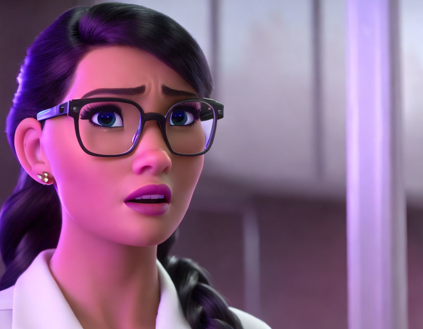 3D animated female character with glasses, braid, and worried expression in purple-lit room