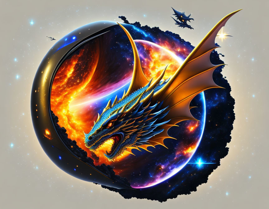 Mythical dragon digital artwork with blue and orange scales