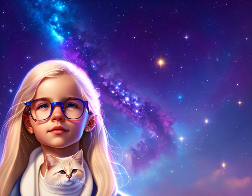 Blond Girl with Blue Glasses and Kitten in Cosmic Setting