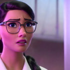 3D animated female character with glasses, braid, and worried expression in purple-lit room