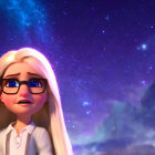 Blond Girl with Blue Glasses and Kitten in Cosmic Setting