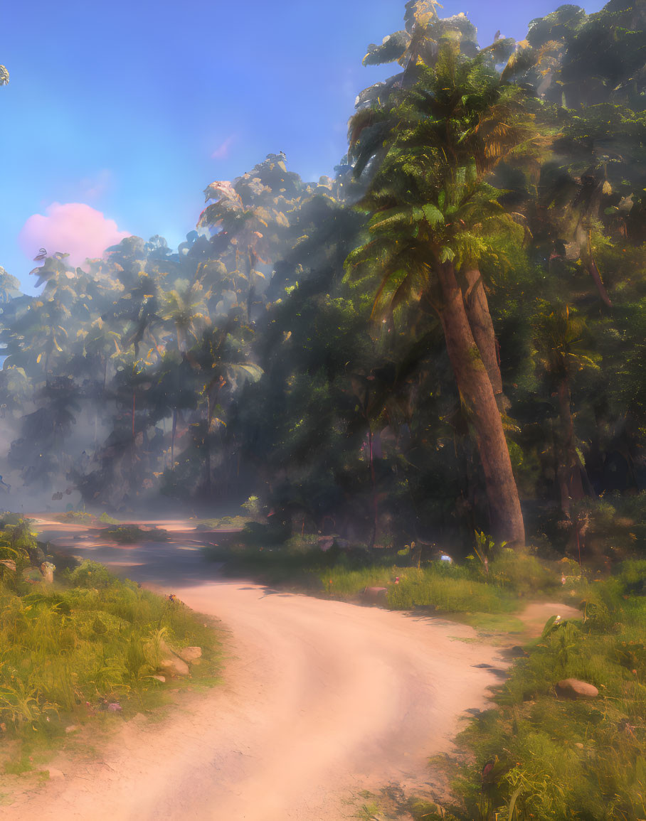 Misty tropical forest dirt road with palm trees