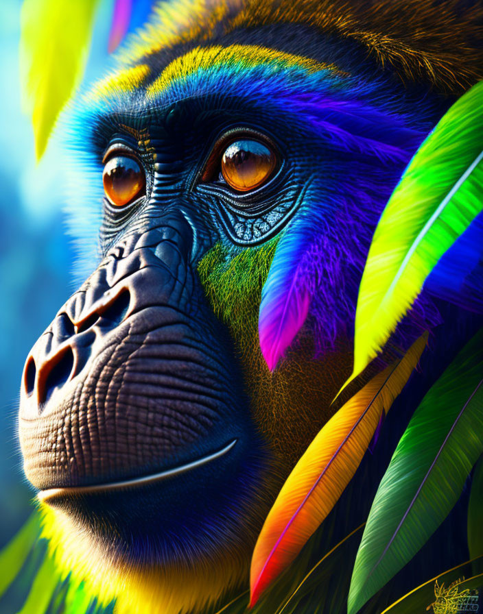 Vivid Rainbow Primate with Detailed Eyes and Thoughtful Expression