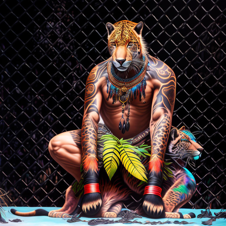 Person adorned with jaguar body paint and tribal accessories.