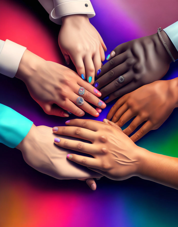 Diverse Hands United on Colorful Background for Unity and Cooperation