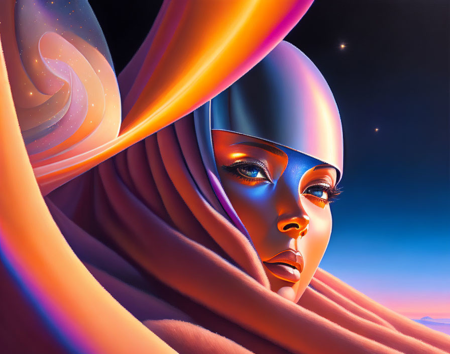 Surreal metallic-skinned woman in flowing drapery under twilight sky