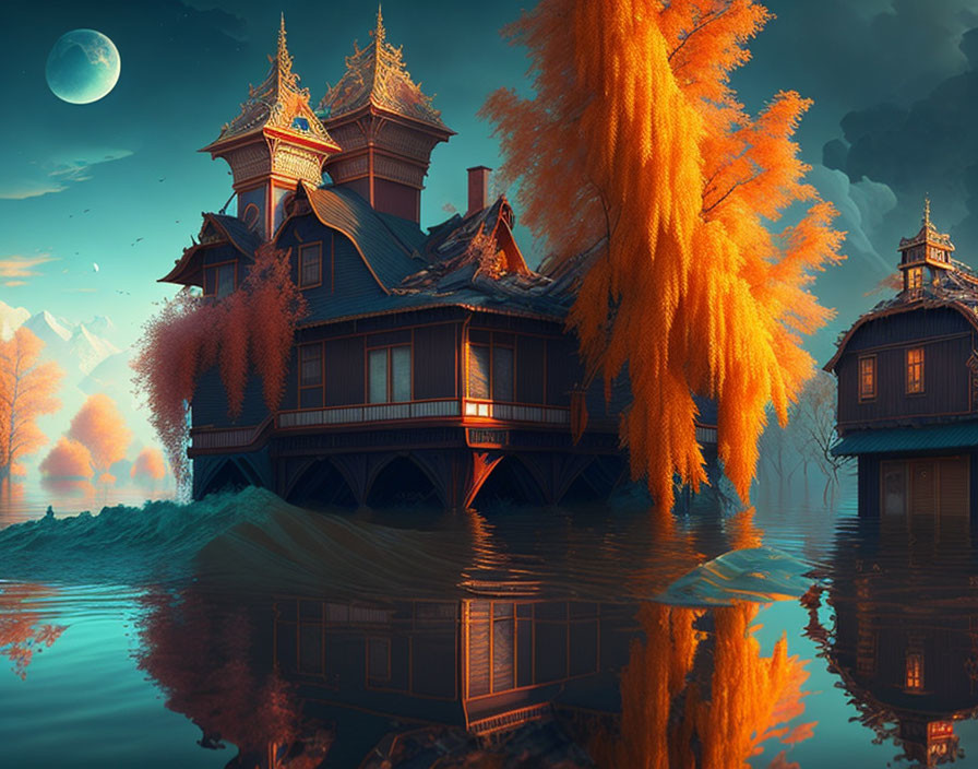 Victorian-style house in twilight with moon over autumn trees.