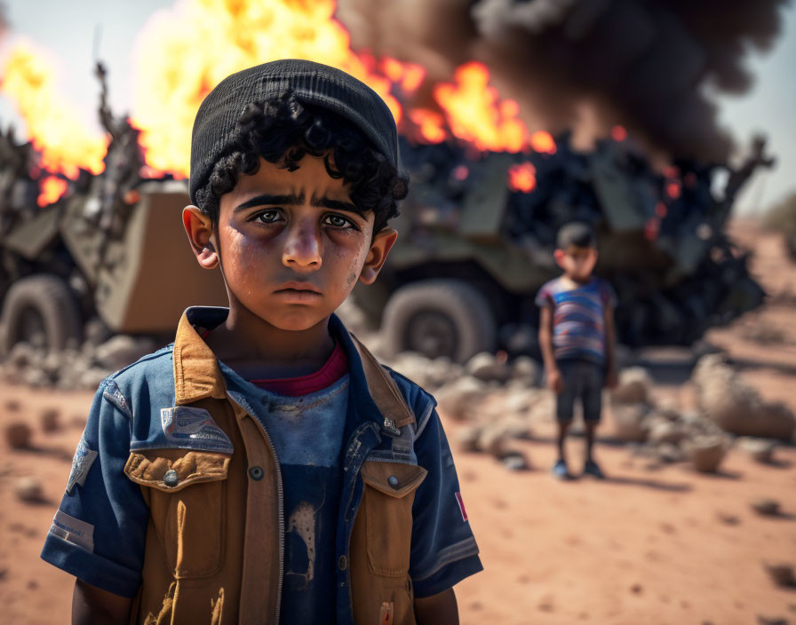 Young boy with burning vehicle and hazy sky scene