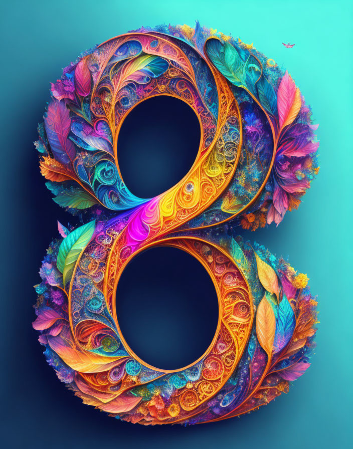 Colorful Fractal Design Number 8 with Feathers and Swirls