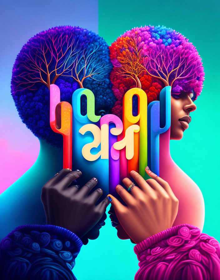 Colorful dual-profile artwork with tree-like brains and liquid streams on a dual-toned background