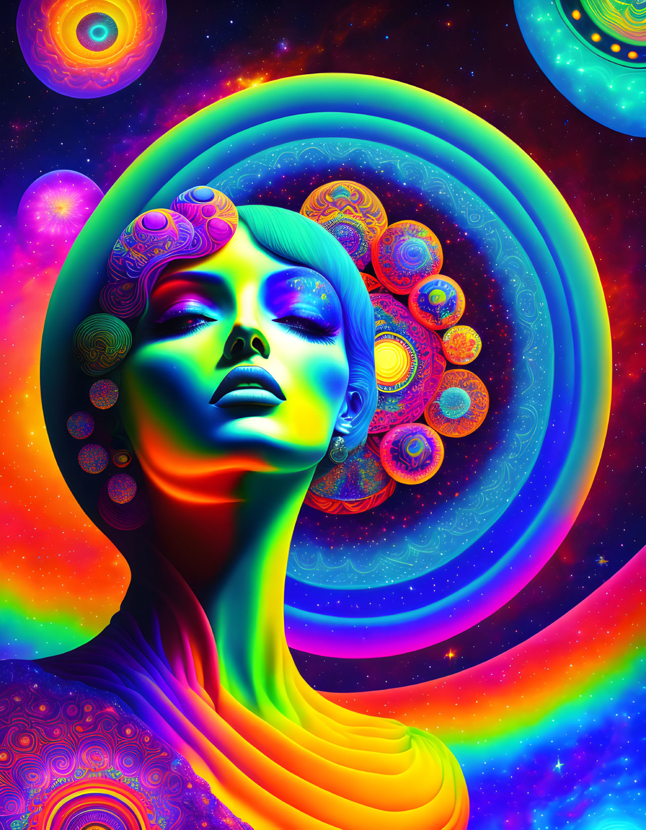 Colorful Psychedelic Artwork of Female Figure with Cosmos Background