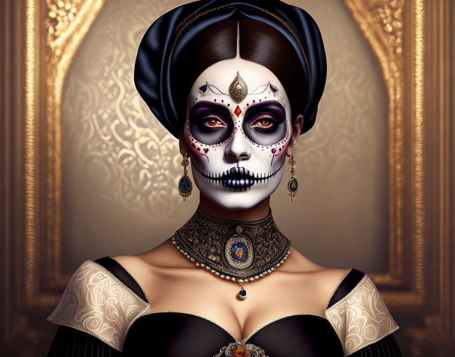 Dia de los Muertos woman illustration: skull makeup, jewelry, traditional attire