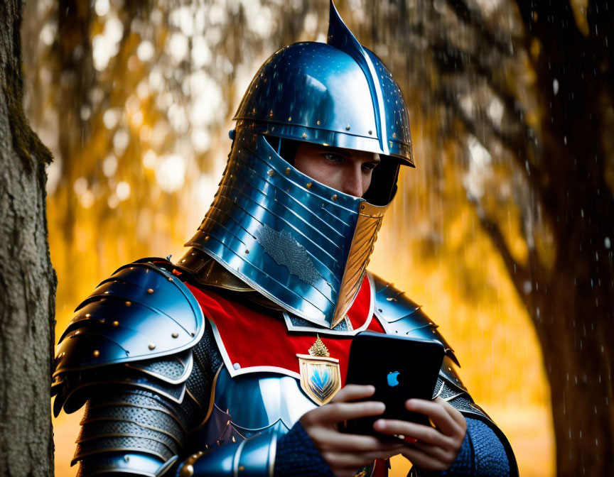 Medieval knight in armor examines modern smartphone near falling golden leaves