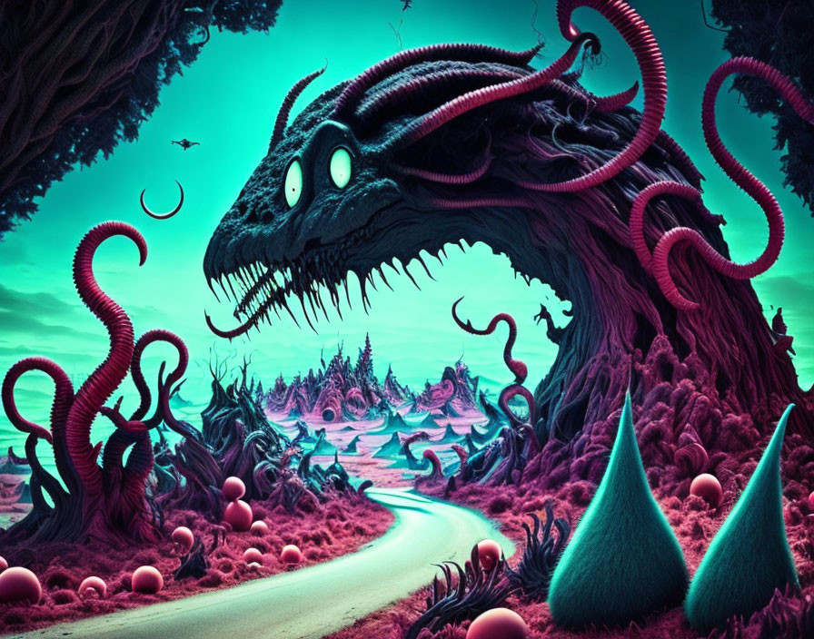 Fantastical creature with tentacles in surreal alien landscape