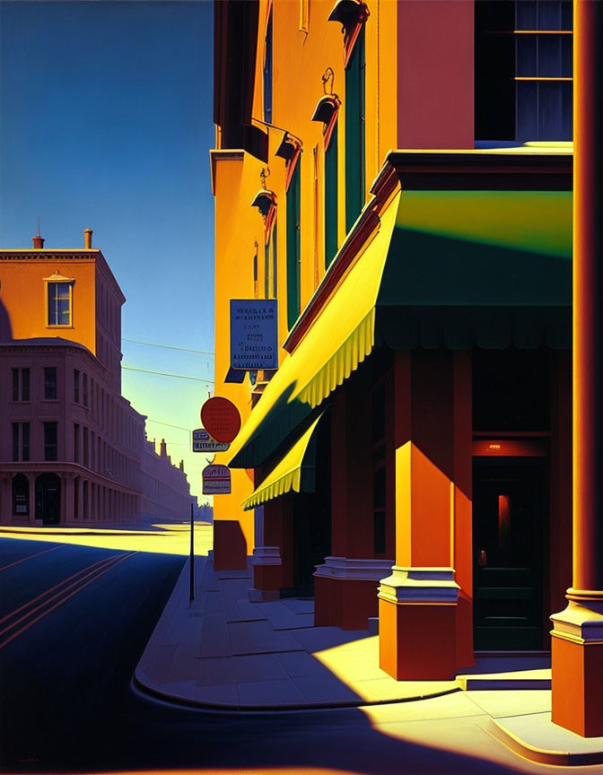 Urban street corner painting with bright facades and deep shadows