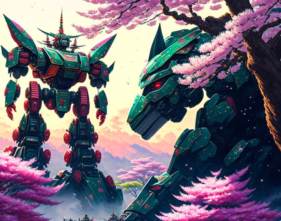 Intricately designed mecha robots among blooming cherry trees under a purple sky