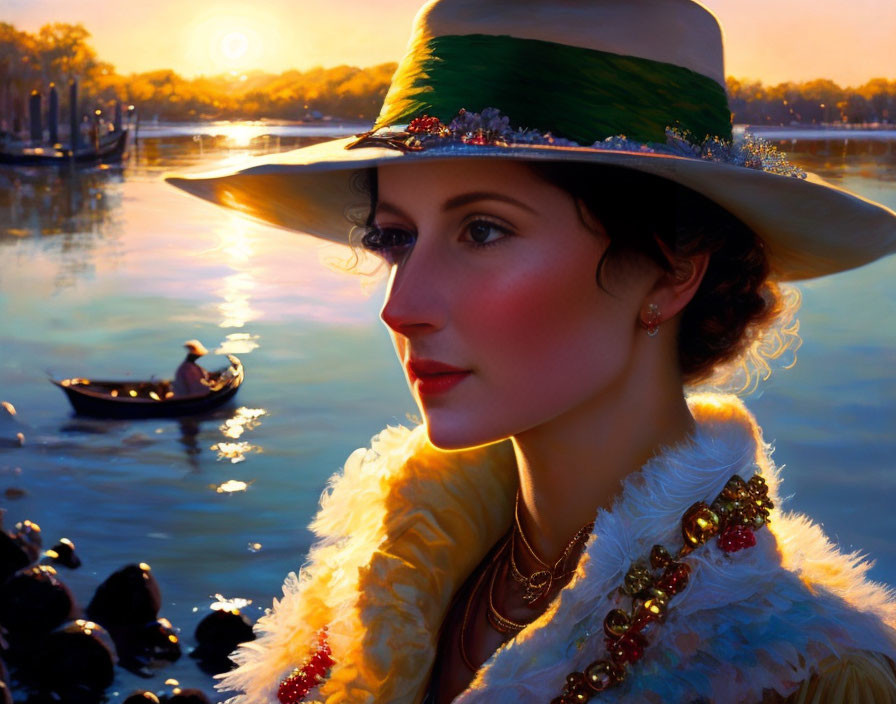 Vintage woman in wide-brimmed hat and fur stole near lake at sunset