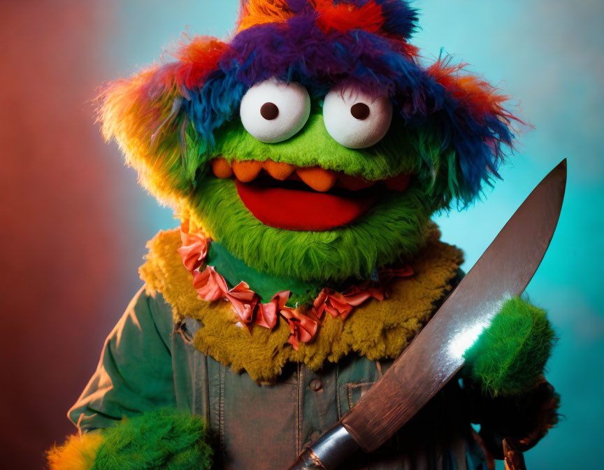 Colorful puppet with green fur and knife on multicolored background