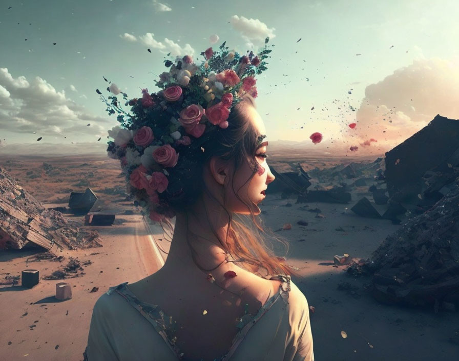 Woman with floral crown in surreal disintegrating landscape under cloudy sky