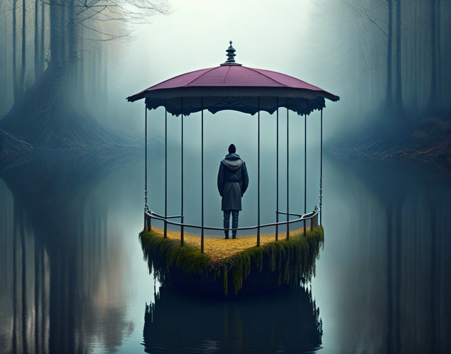 Person standing under gazebo on grassy island by misty lake with eerie forest background