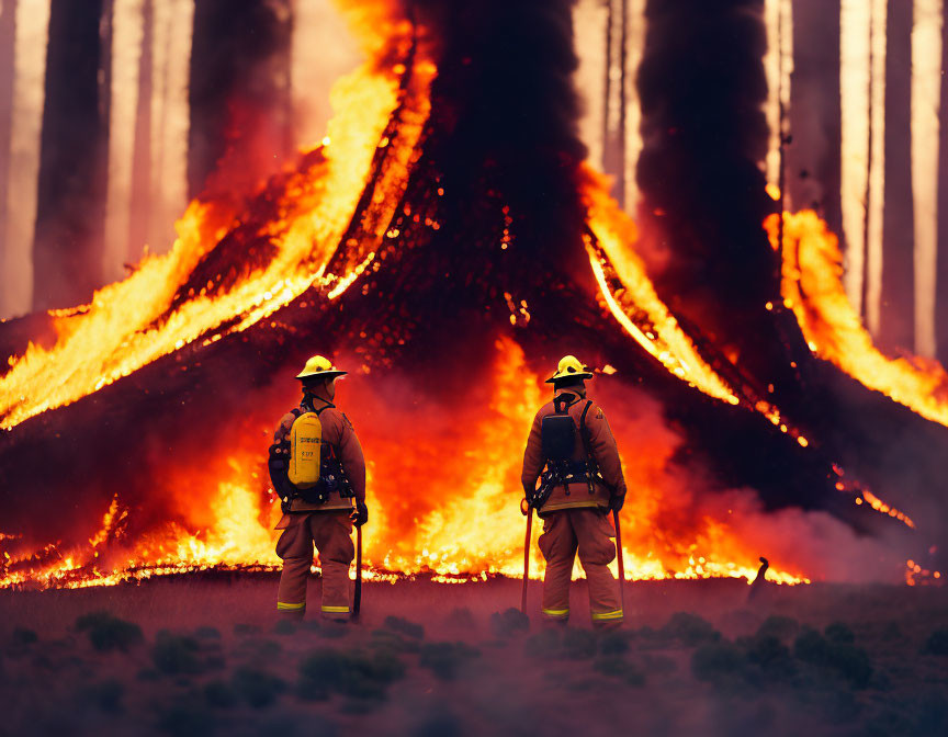 Firefighters in protective gear battling large wildfire and flames engulfing trees.