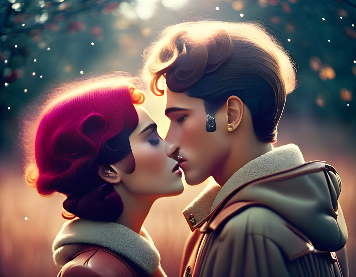 Stylized vintage couple about to kiss in warm, bokeh-lit setting