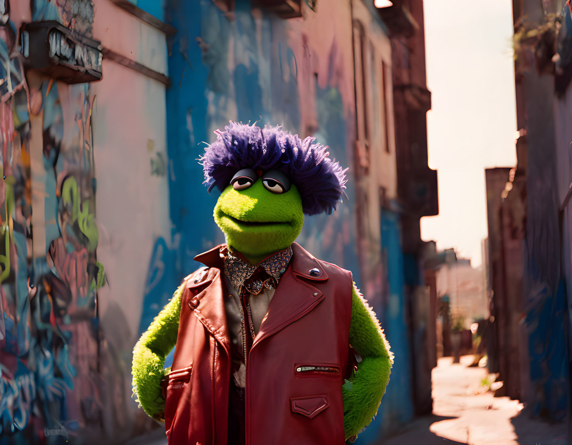 Green puppet with purple hair in red jacket and neckerchief in graffiti alley