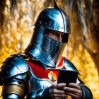 Medieval knight in armor examines modern smartphone near falling golden leaves