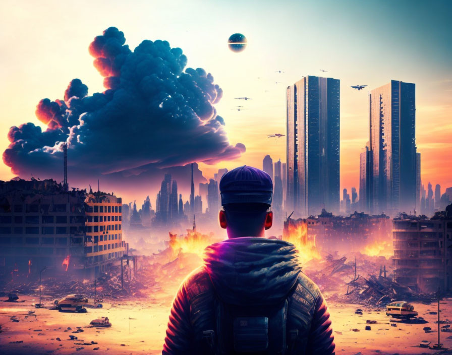 Person witnessing city on fire with skyscrapers and explosion cloud in dystopian landscape