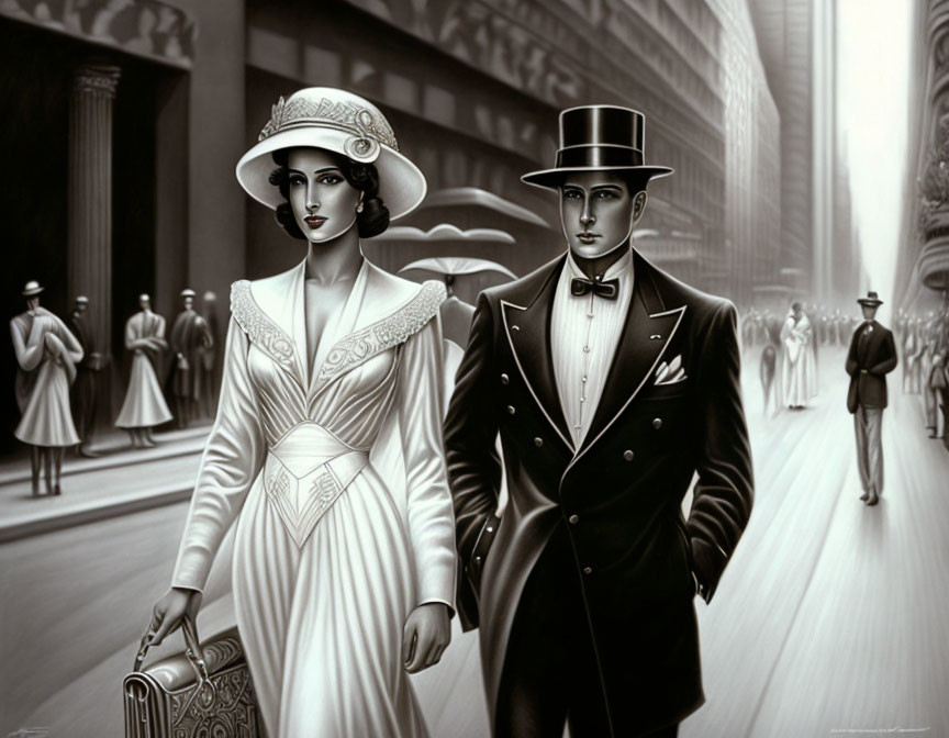 Vintage 1920s couple in elegant attire walking on city street