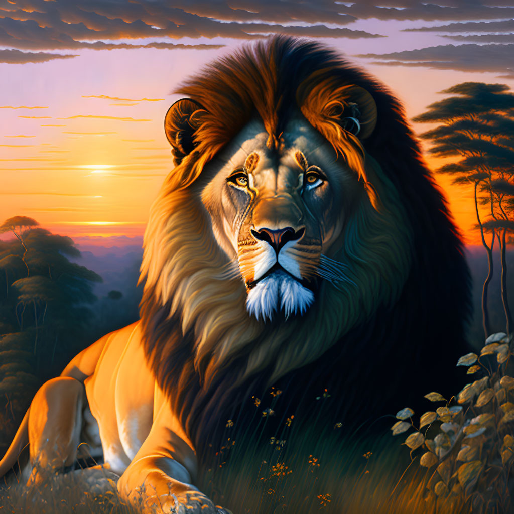 Majestic lion with vivid mane in artistic style against savannah sunset.