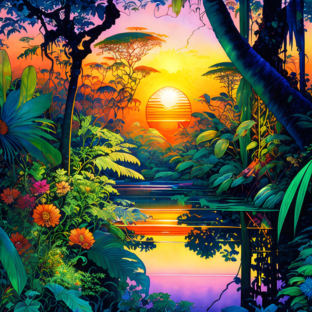 Colorful jungle sunset with lush foliage and serene river.