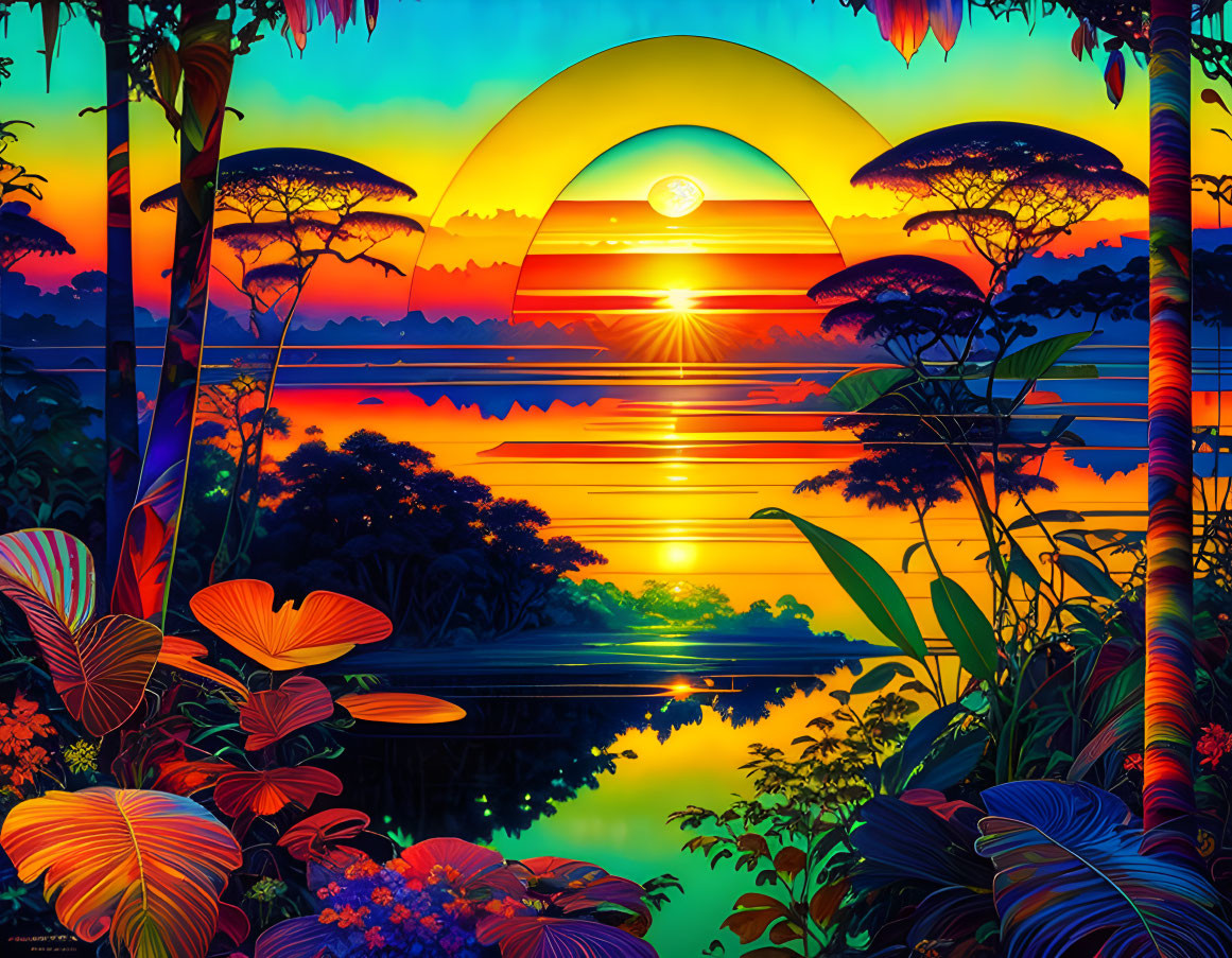 Digital art sunset with large sun, tranquil lake, tropical foliage, colorful sky