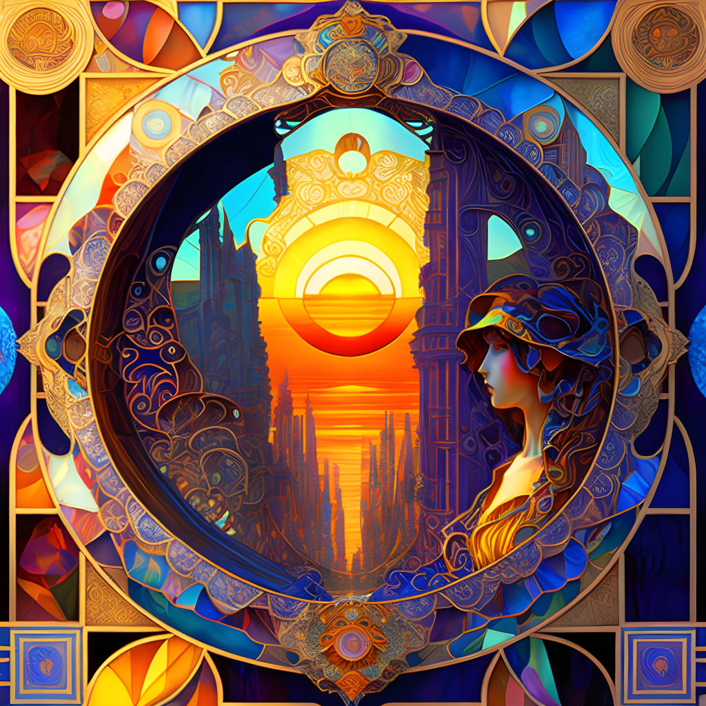 Circular Stained Glass Window with Woman Profile and Cityscape