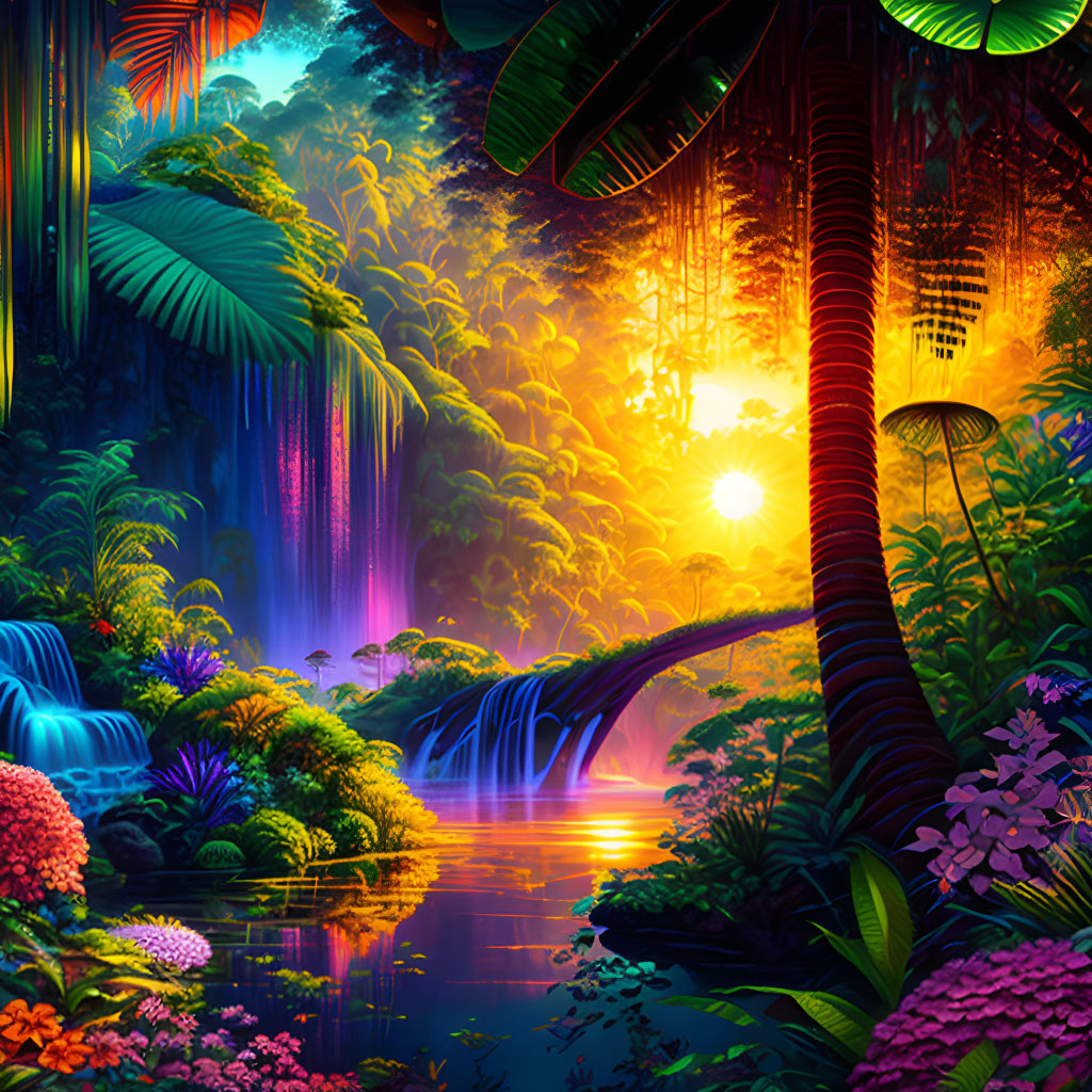 Colorful Jungle with Waterfalls, River, and Sunset Scenery