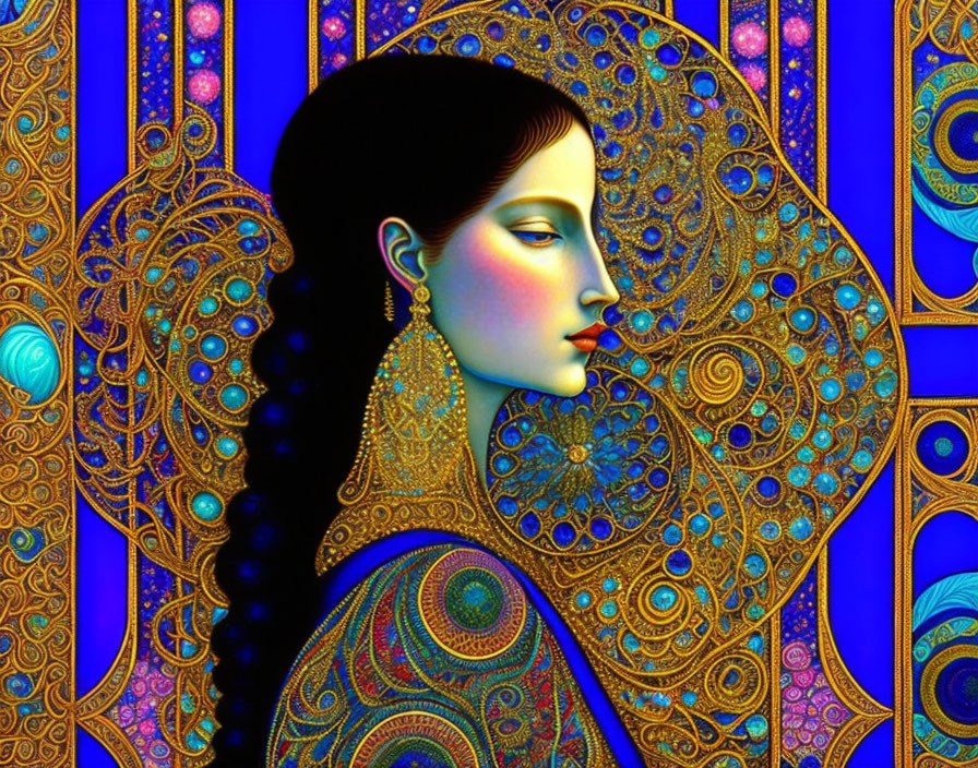 Elaborate, ornate woman portrait in vibrant blues and golds