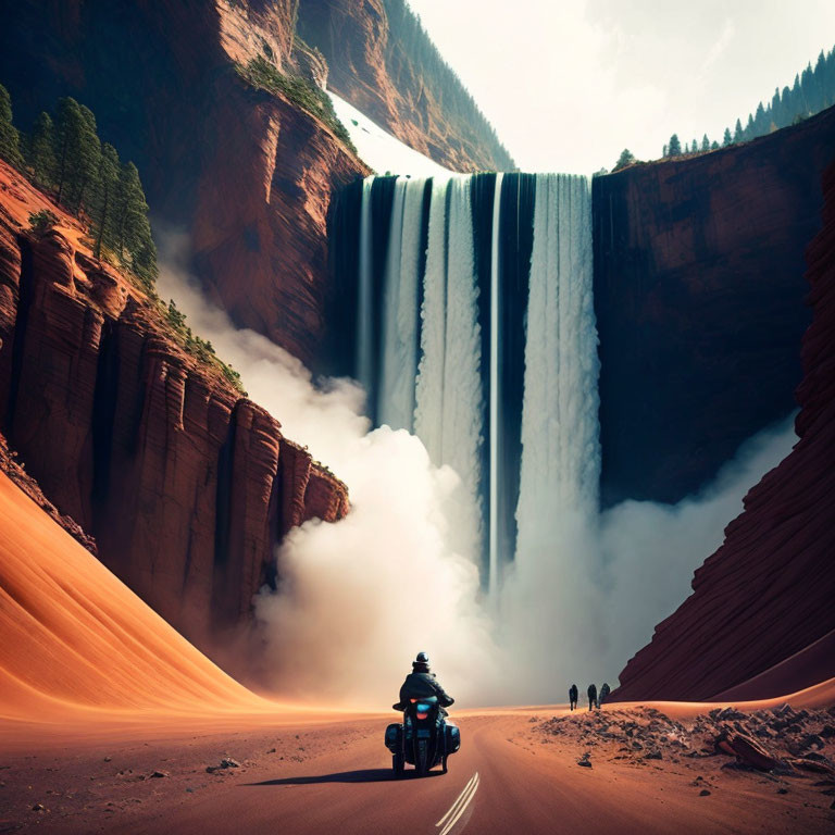 Motorcyclist near majestic waterfall on sandy road